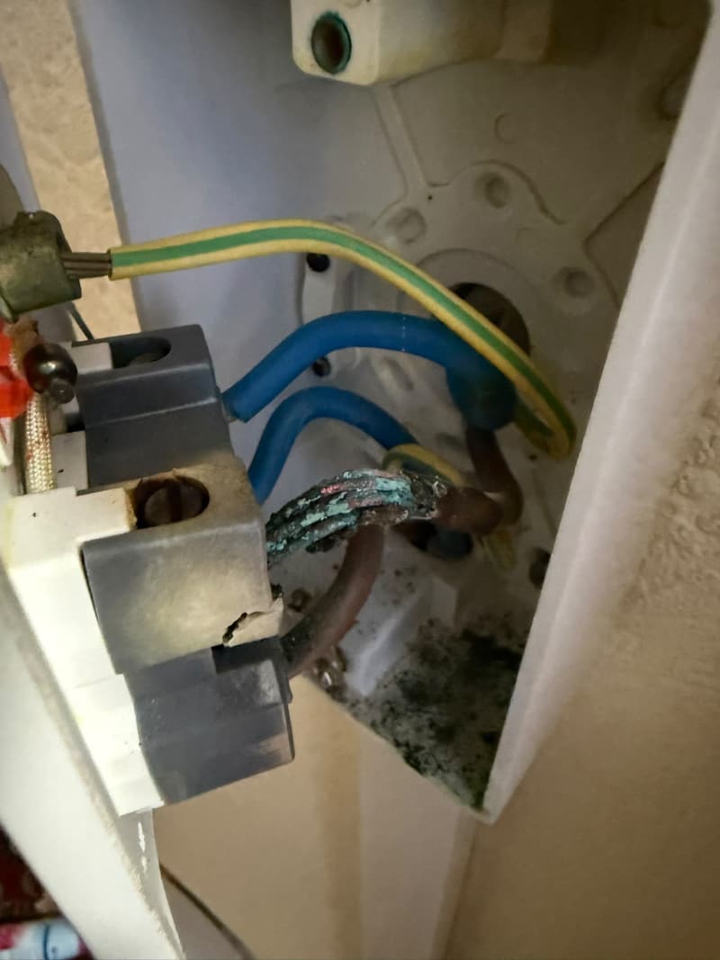Corroded wiring behind a socket
